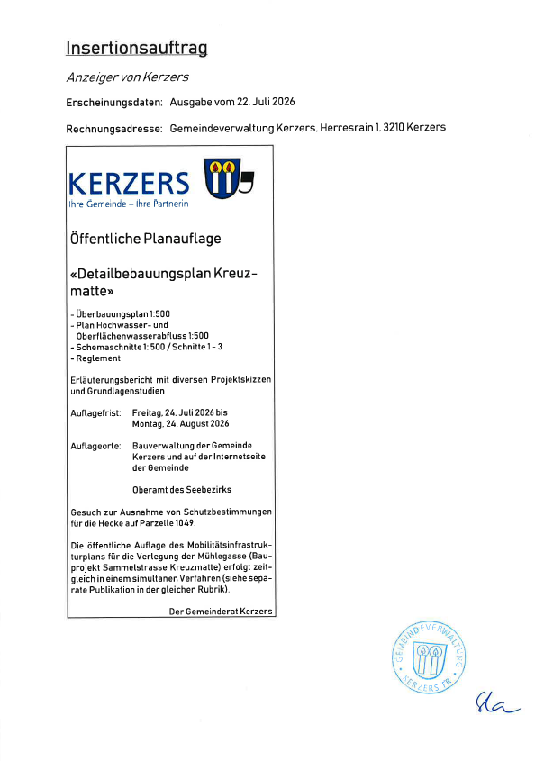 Öffentliche Planauflage "Detailbebauungsplan Kreuzmatte"