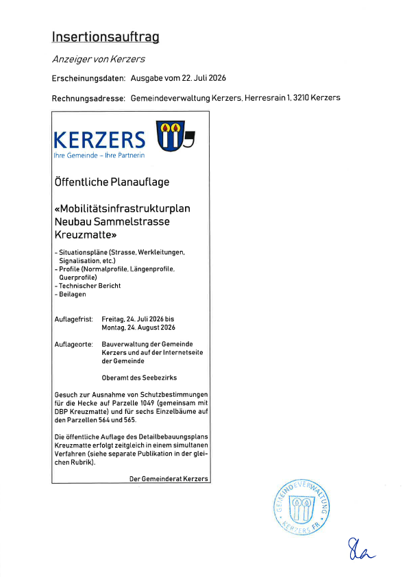 Öffentliche Planauflage "Mobilitätsinfrastrukturplan Neubau Sammelstrasse Kreuzmatte"